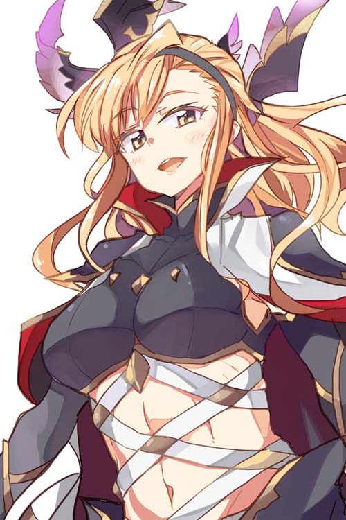 1girl, :d, blonde_hair, blush, breasts, cape, granblue_fantasy, hairband, head_wings, large_breasts, long_hair, navel, open_mouth, popped_collar, simple_background, smile, solo, song_(granblue_fantasy), takemura_makoto_(hakushikei), white_background, yellow_eyes