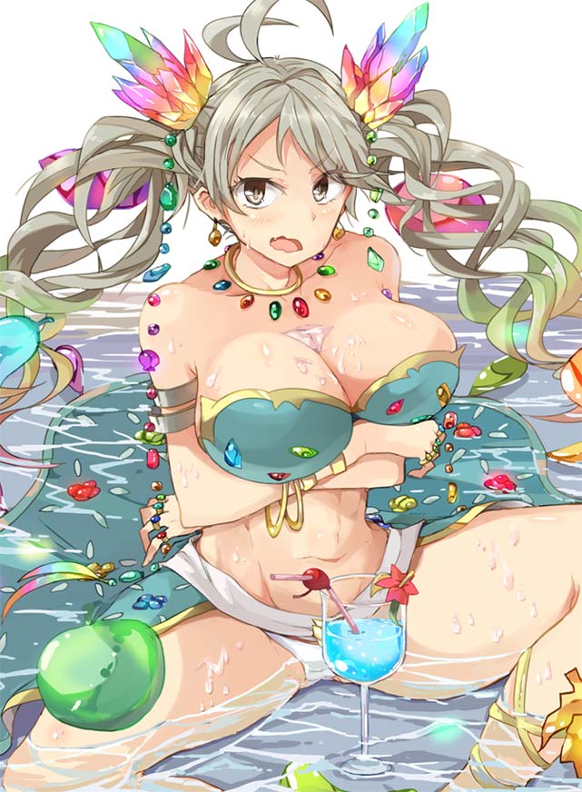 >:o, 1girl, :o, apple, armlet, bare_shoulders, bikini, blonde_hair