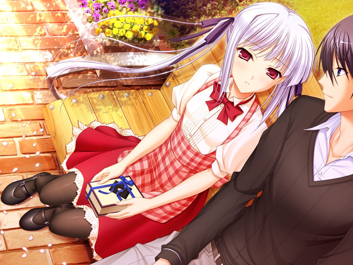 1boy, 1girl, blue_eyes, brown_hair, game_cg, hair_ribbon, imageboard_sample, jpeg_artifacts