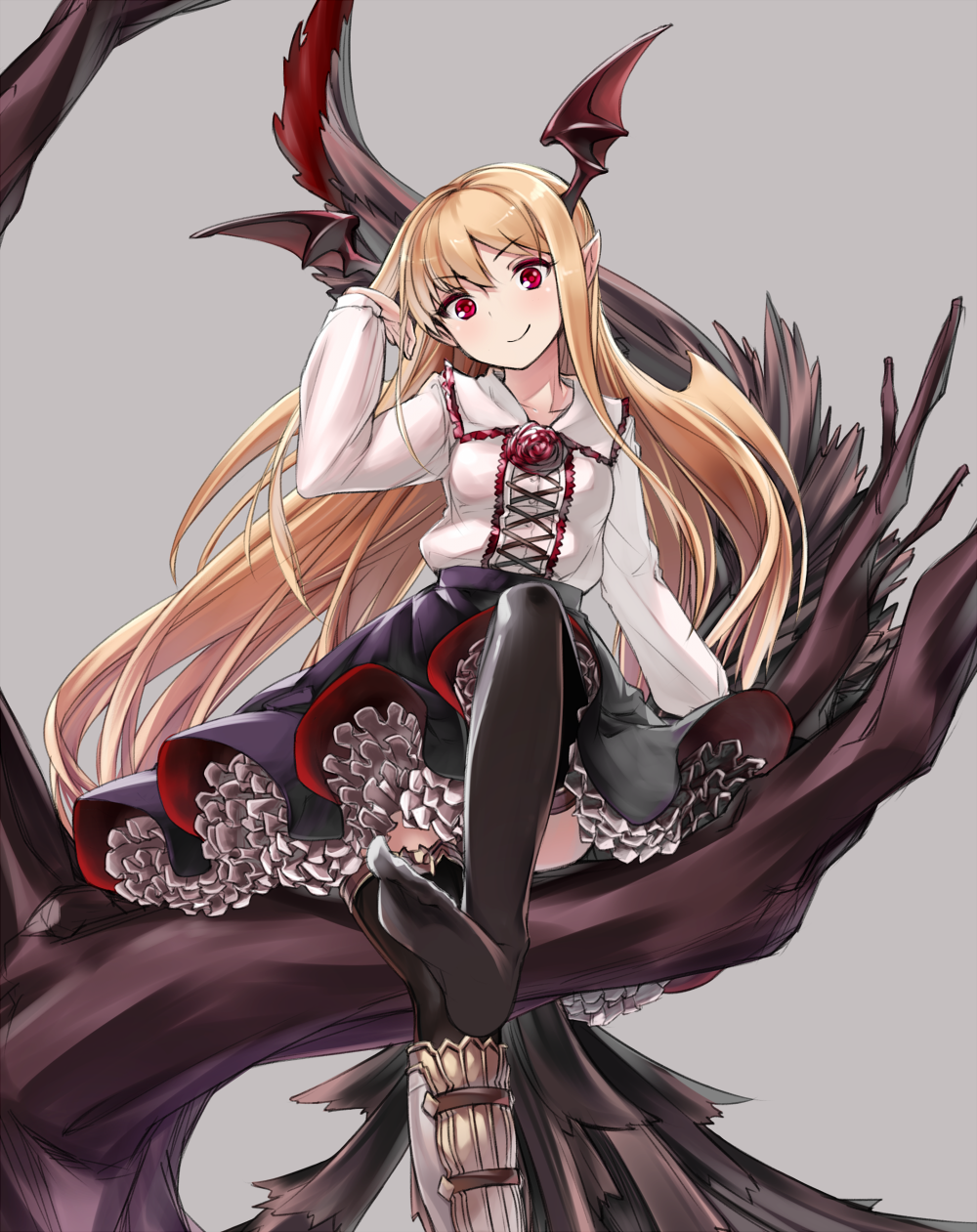 1girl, bat_wings, black_legwear, black_skirt, blonde_hair, boots, demon_tail, flower