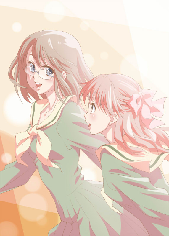 2girls, bow, brown_hair, glasses, green_skirt, hair_bow, half_updo, looking_at_another