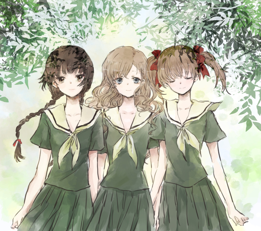 3girls, bangs, blunt_bangs, braid, brown_hair, closed_eyes, fukuzawa_yumi, green
