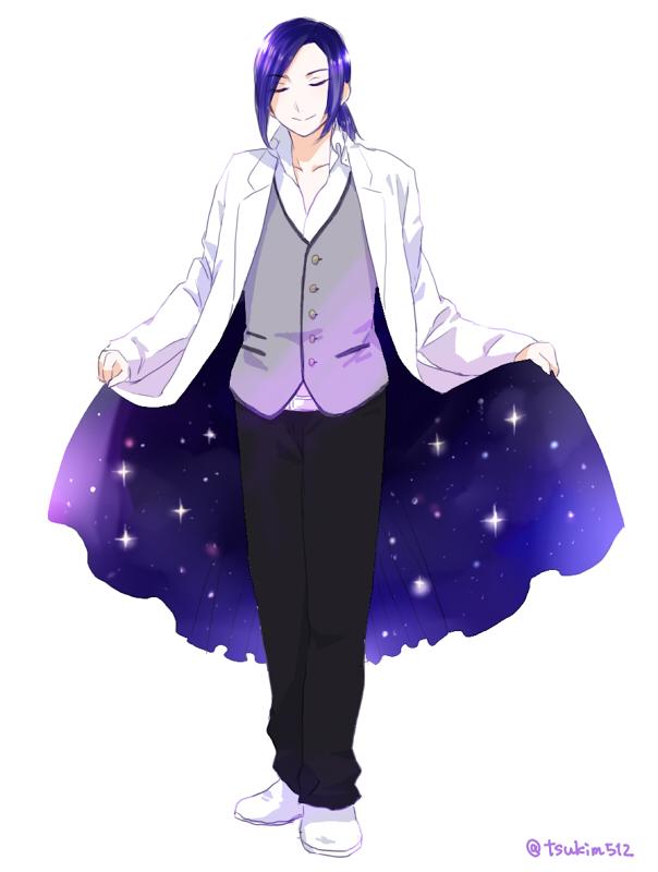 1boy, arsmagna, closed_eyes, kurou_kentou, labcoat, male_focus, ponytail, purple_hair, smile, solo, starry_sky_print, tsukimi_(tsukim512), twitter_username, violet_eyes