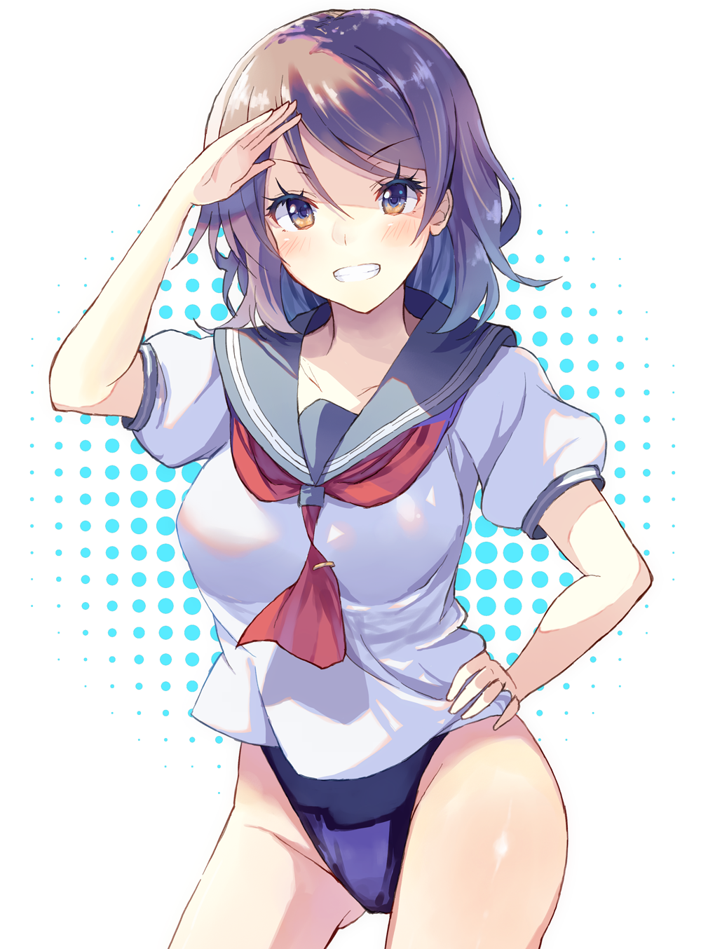 1girl, blush, brown_eyes, brown_hair, competition_swimsuit, grin, highres, love_live!_school_idol_project