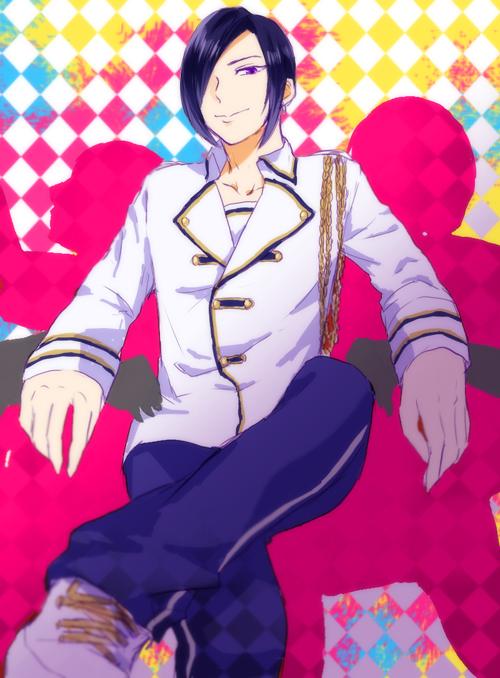 1boy, arsmagna, chain, checkered, checkered_background, crossed_legs, hair_over_one_eye, kurou_kentou