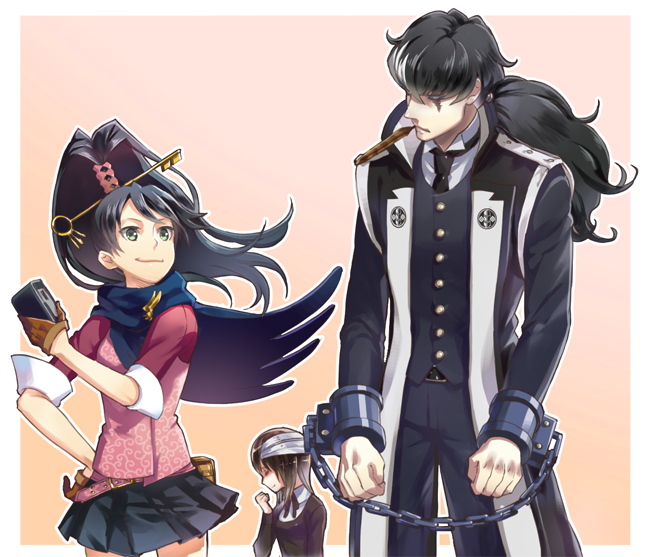 1boy, 2girls, bandages, black_hair, black_necktie, black_pants, black_skirt, brown_gloves