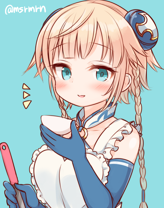 1girl, blonde_hair, blue_background, blue_eyes, blue_gloves, blue_valkyrie_(p&amp;d), blush, braid