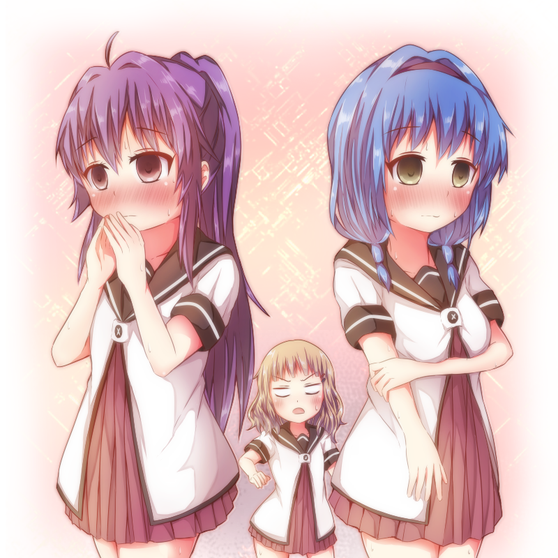 3girls, blonde_hair, blue_hair, blush, commentary_request, furutani_himawari, high_ponytail, long_hair