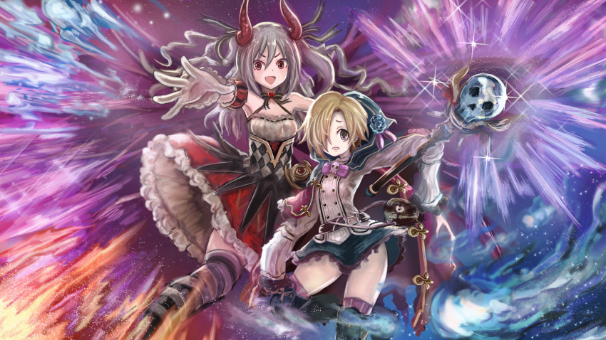2girls, blonde_hair, drill_hair, granblue_fantasy, hair_over_one_eye, highres, hood, idolmaster