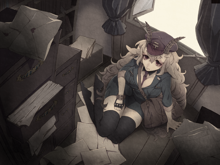 1girl, bag, black_gloves, black_legwear, blonde_hair, breasts, fingerless_gloves, gloves