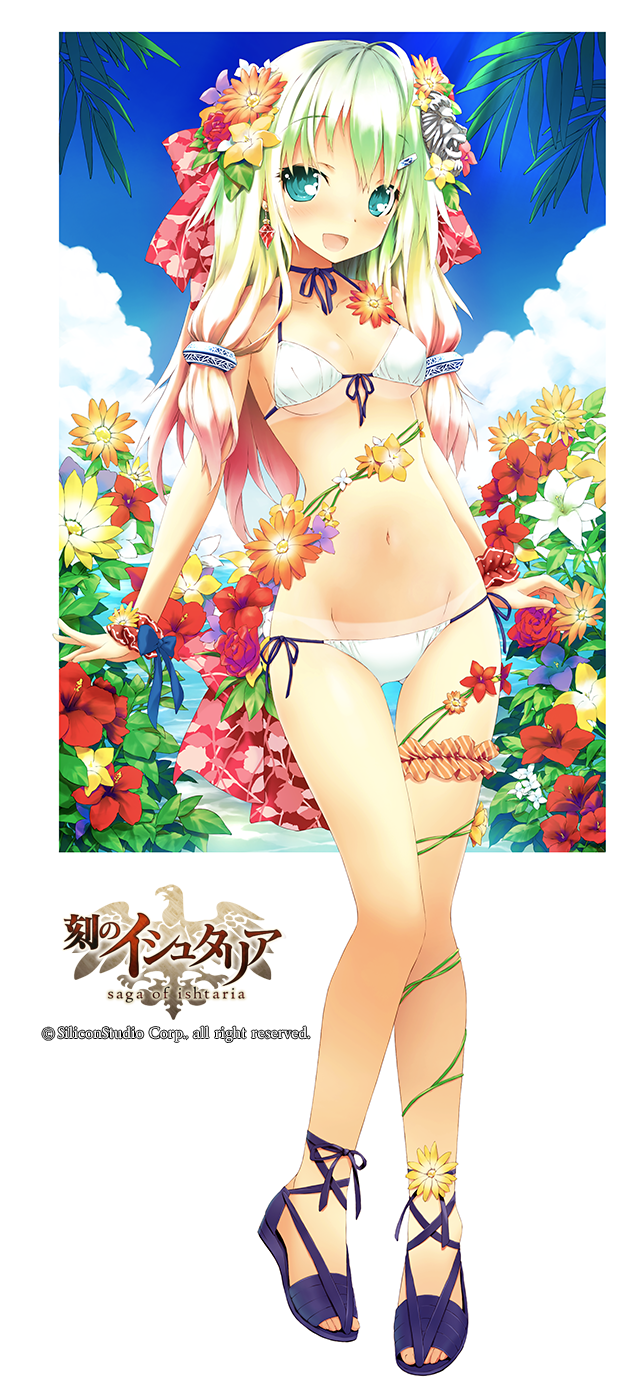 1girl, bikini, bikini_tan, blush, breasts, cleavage, flower, front-tie_top