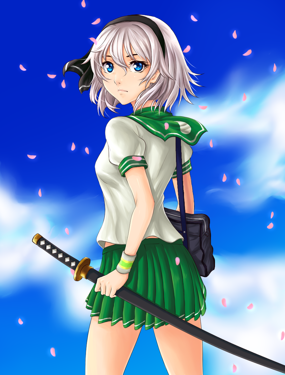 1girl, alternate_costume, bag, blue_eyes, blue_sky, cowboy_shot, ears, expressionless