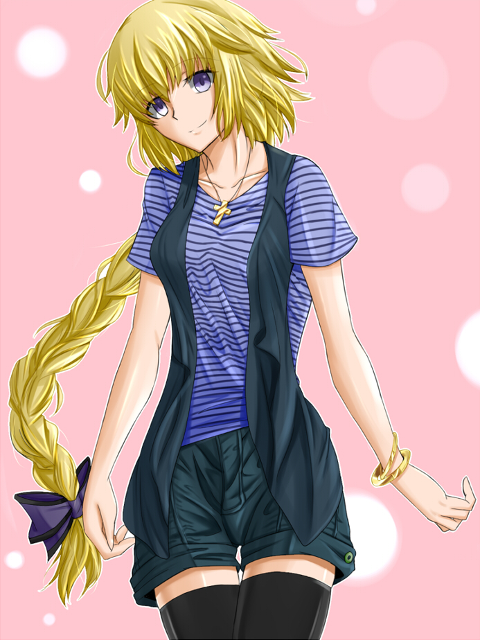 1girl, akashiro_sen, alternate_costume, black_legwear, blonde_hair, bow, bracelet, braid