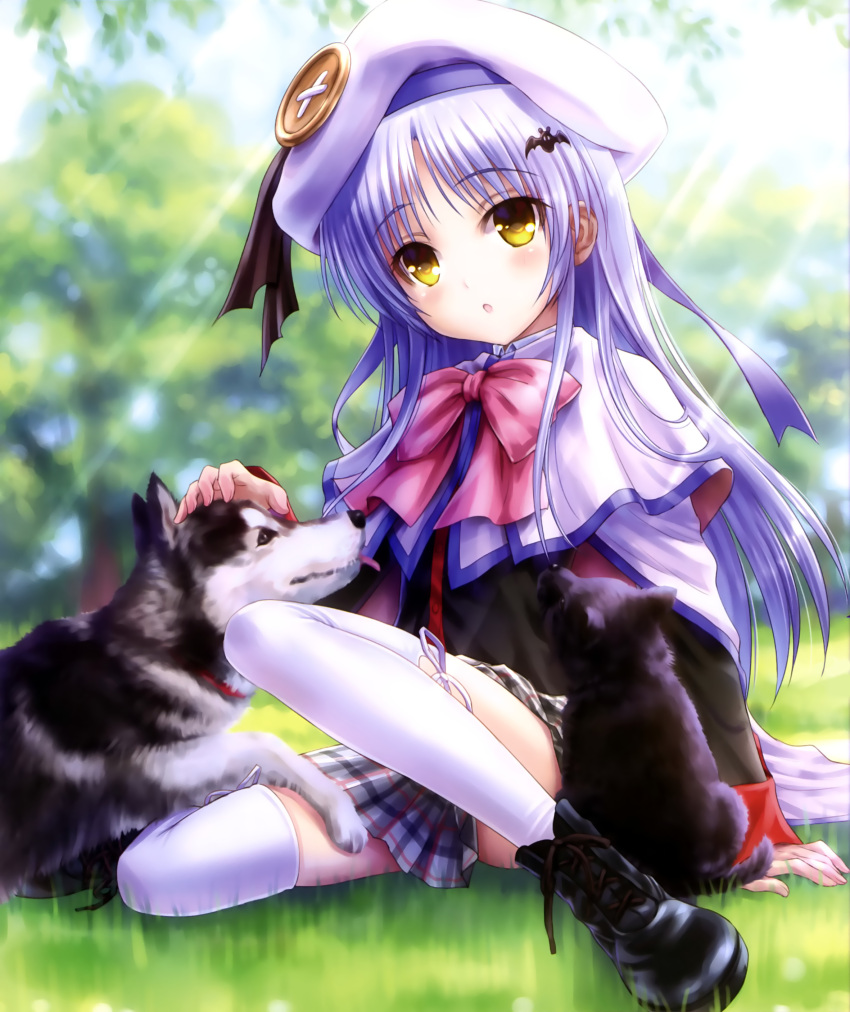 1girl, :o, absurdres, angel_beats!, bat_hair_ornament, belka, beret, blurry