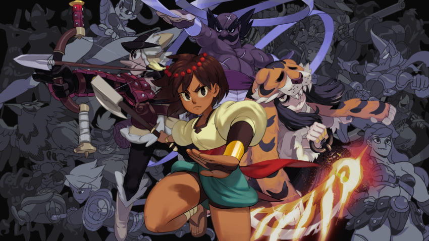 ajna_(indivisible), alex_ahad, ankle_wraps, armor, axe, bird, black_eyes, bow_(weapon)