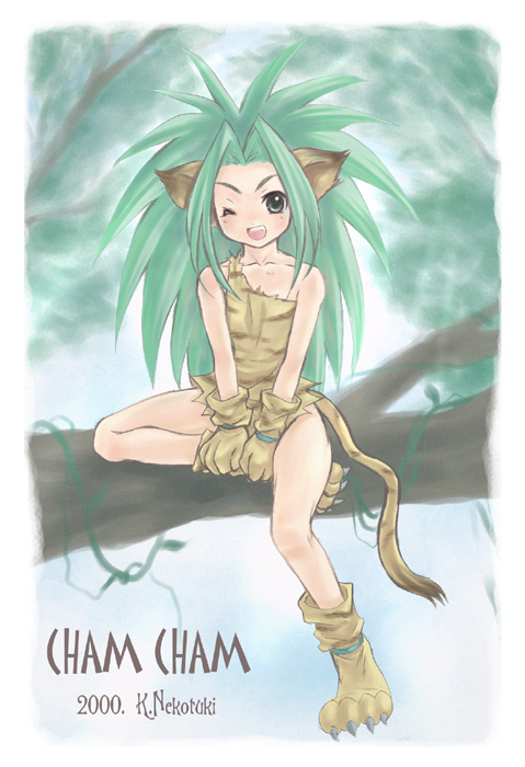 animal_ears, cat_ears, cat_tail, chamcham, gloves, green_hair, long_hair, nekou_izuru