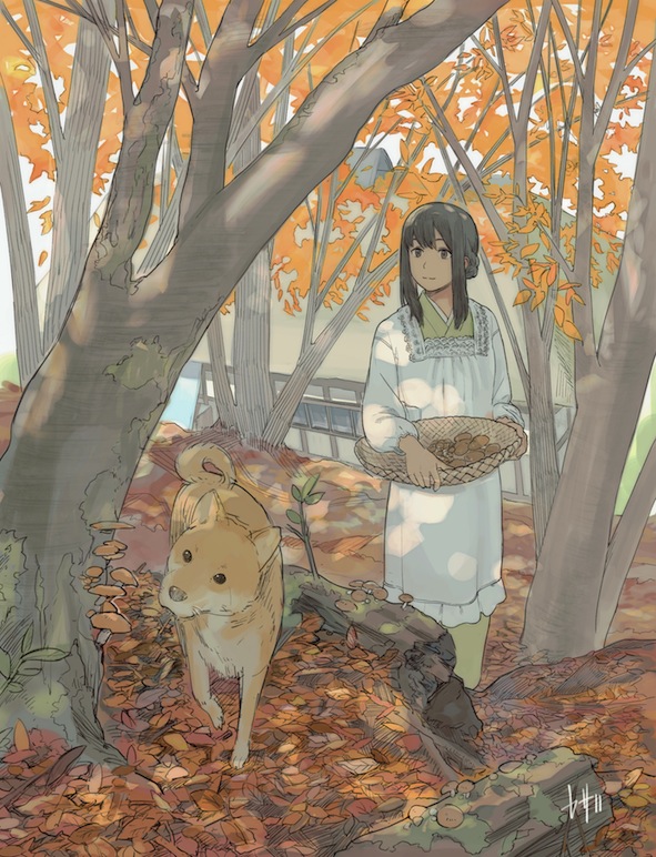 1girl, autumn, autumn_leaves, basket, black_hair, coftof, commentary_request, dog