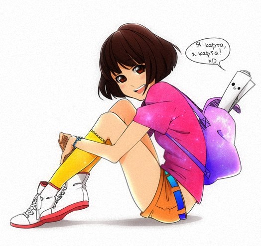 1girl, aconitea, backpack_(dora_the_explorer), bad_id, blush, bracelet, brown_eyes, brown_hair