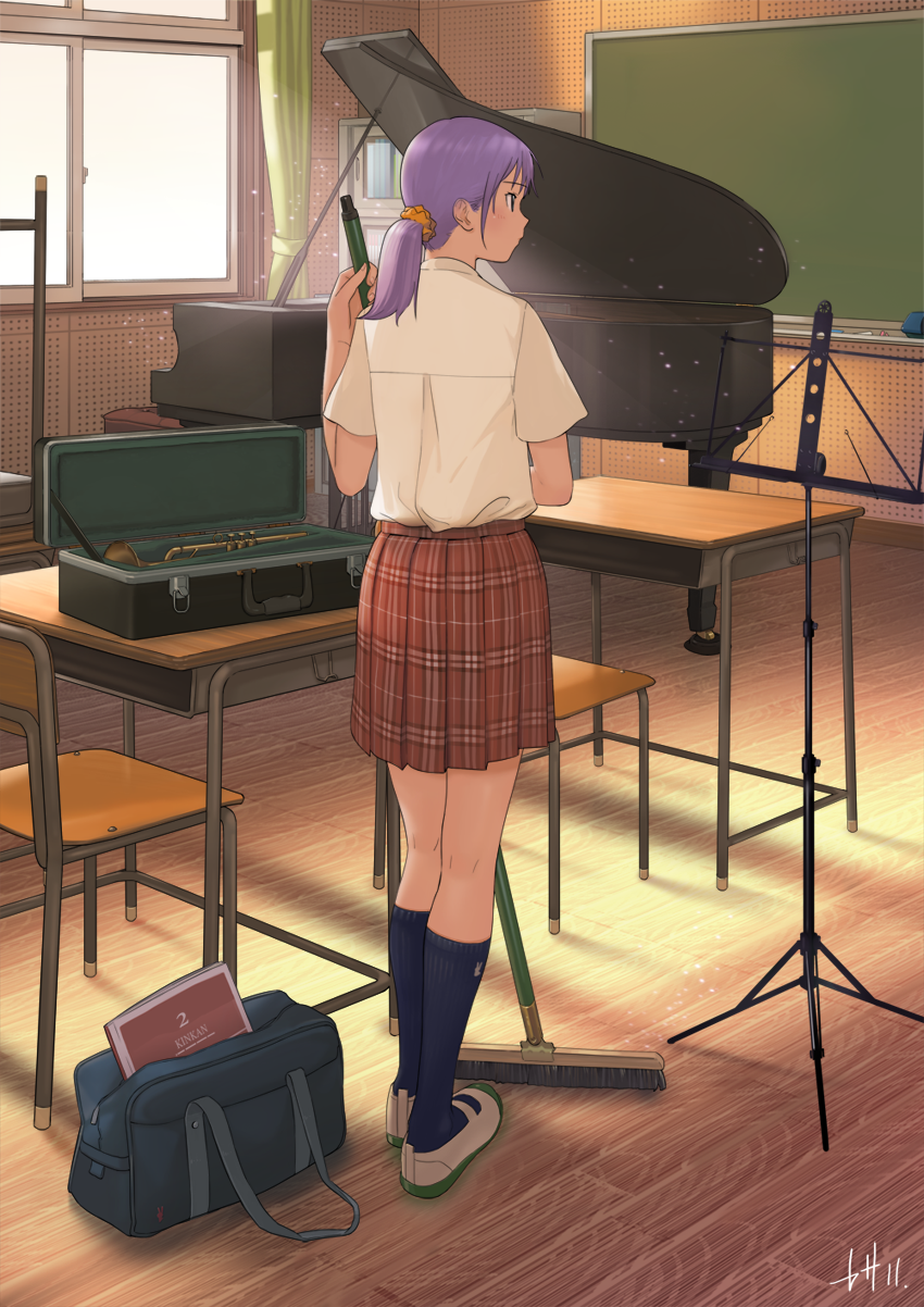 1girl, bag, black_legwear, blush, book, broom, cabinet, chair