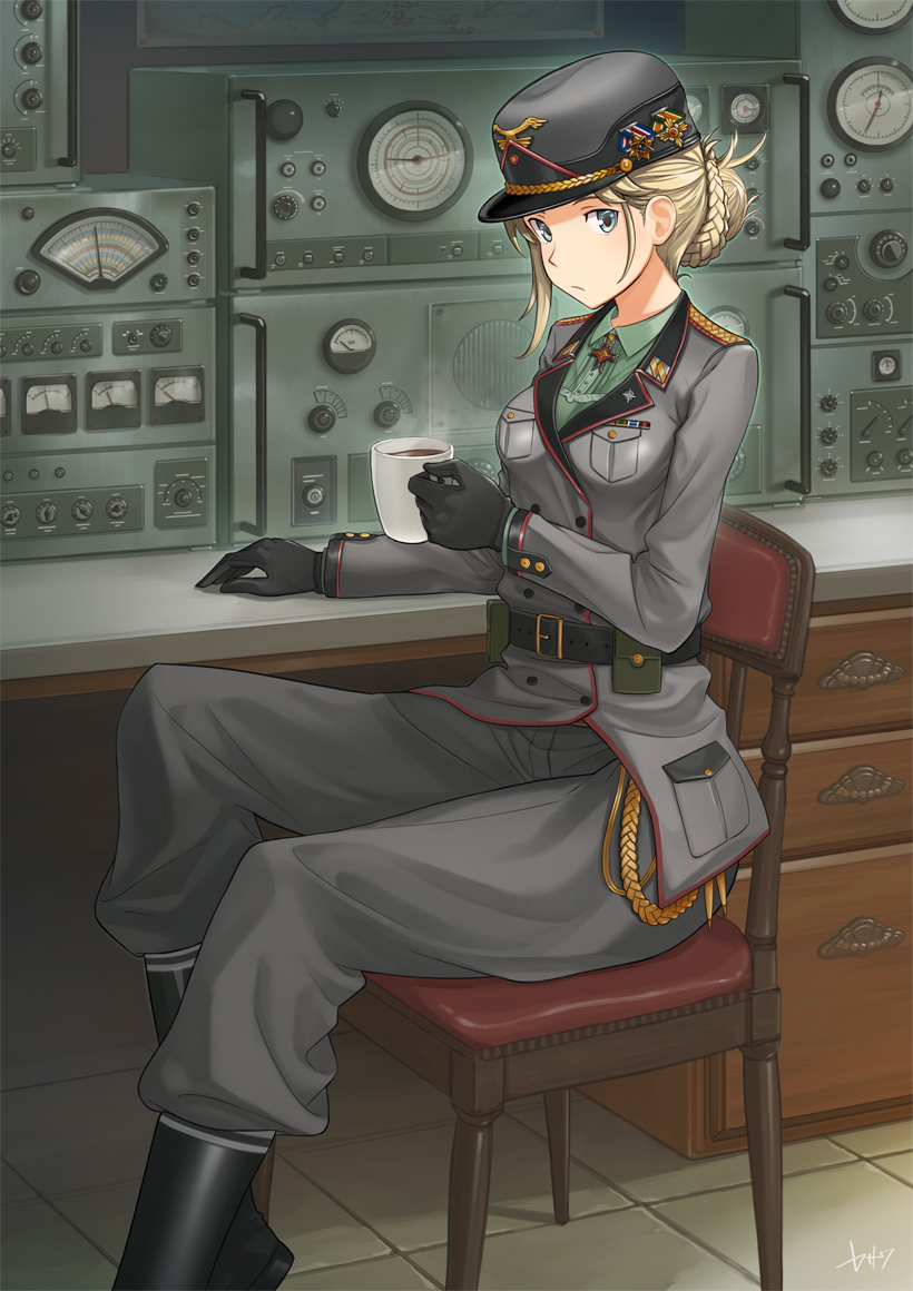 1girl, :/, aiguillette, arm_rest, belt, black_boots, black_gloves, blonde_hair, blue_eyes, boots, braid, buckle, buttons, chair, coffee, coffee_mug, coftof, collared_shirt, cup, desk, drawer, epaulettes, female, french_braid, gauge, gloves, green_eyes, green_shirt, grey_jacket, grey_pants, hair_bun, hat, leather_boots, looking_at_viewer, medal, military, military_uniform, original, pants, peaked_cap, pouch, radio, shirt, signature, sitting, solo, steam, tile_floor, tiles, uniform, wing_collar