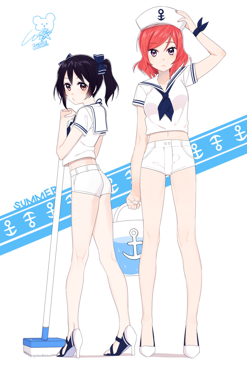 14_(vision5032), 2girls, :<, black_hair, blush, bow, bucket, cleaning_brush