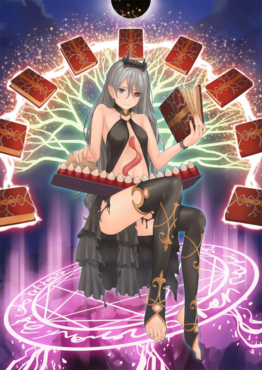 1girl, bare_shoulders, barefoot, black_sclera, blue_eyes, book, bracelet, coftof