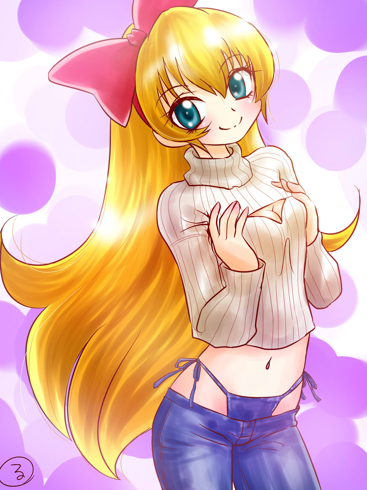 1girl, bikini_jeans, bow, breast_squeeze, breasts, cleavage, cleavage_cutout, crop_top