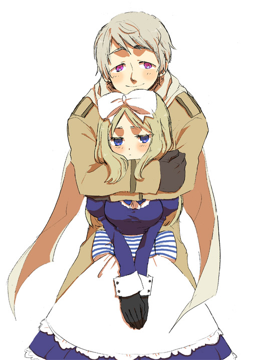 axis_powers_hetalia, belarus_(hetalia), blonde_hair, blue_eyes, blush, dress, gloves, hair_ribbon, hug, inu_neko, purple_eyes, ribbon, russia_(hetalia), scarf, siblings, silver_hair, smile, striped, violet_eyes