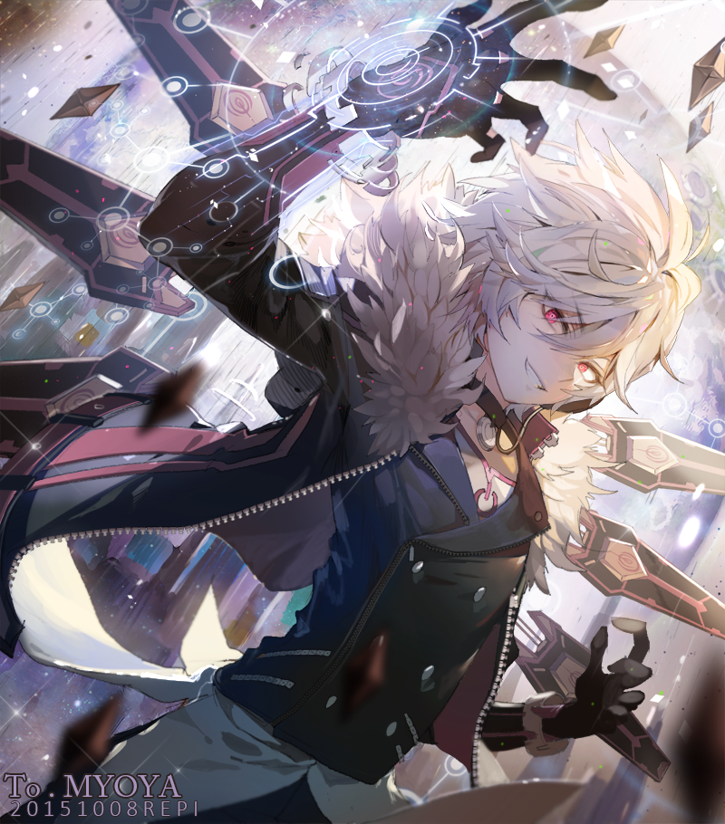1boy, 2015, add_(elsword), artist_name, black_gloves, choker, dated, dutch_angle, elsword, fur_trim, gloves, grin, jacket, male_focus, psychic_tracer_(elsword), repi987, smile, solo, violet_eyes, white_hair