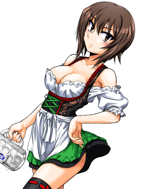 1girl, alternate_costume, apron, beer_mug, black_legwear, blush, breasts, brown_eyes