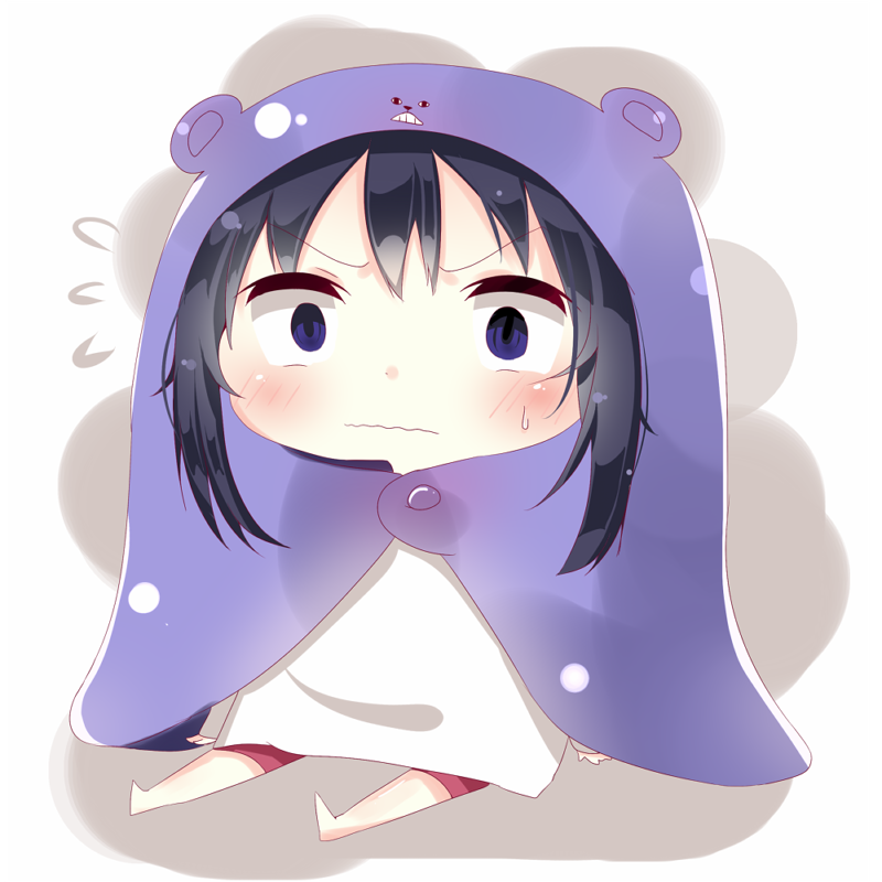 1girl, blush, chibi, doma_umaru, doma_umaru_(cosplay), flying_sweatdrops, furrowed_eyebrows, hamster_costume