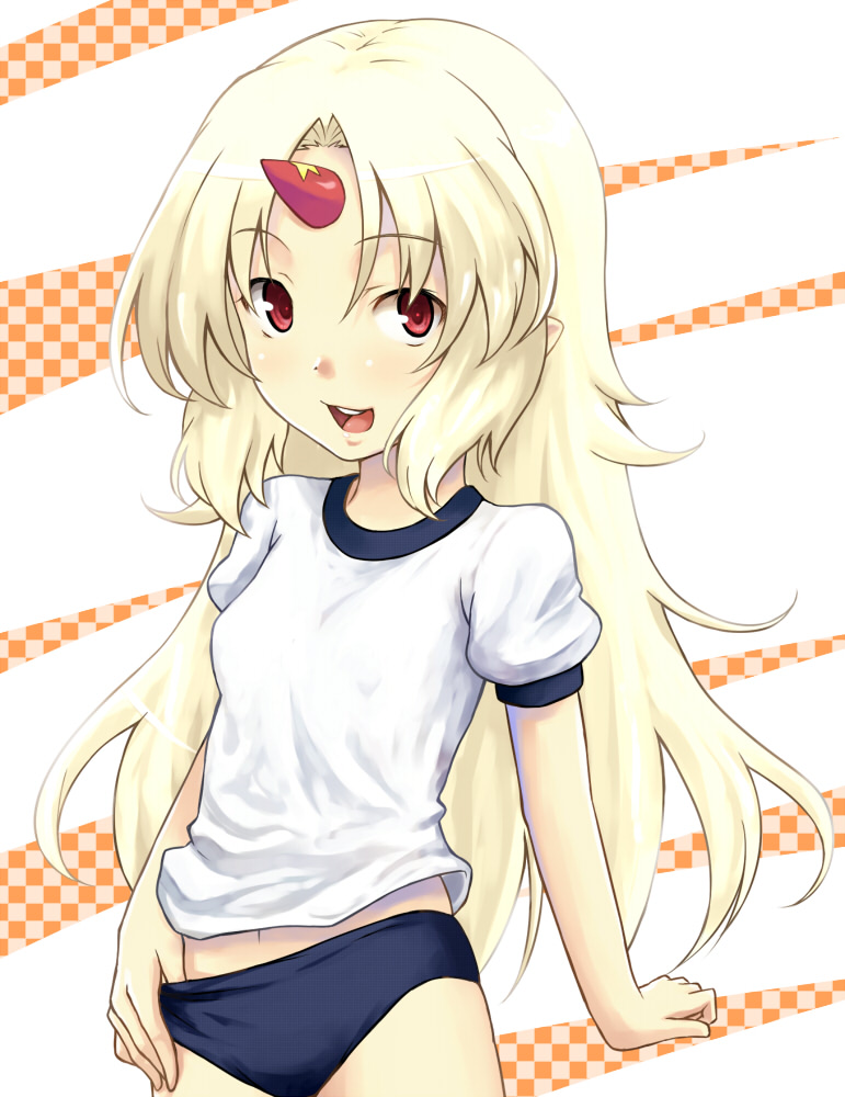 blonde_hair, buruma, child, gym_uniform, hiroya, hiroya_juuren, horn, horns