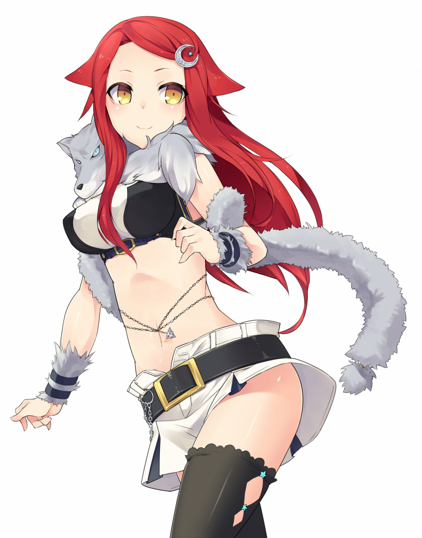 1girl, belly_chain, belt, breasts, crescent_hair_ornament, crop_top, dungeons_&amp;_princess, hair_ornament