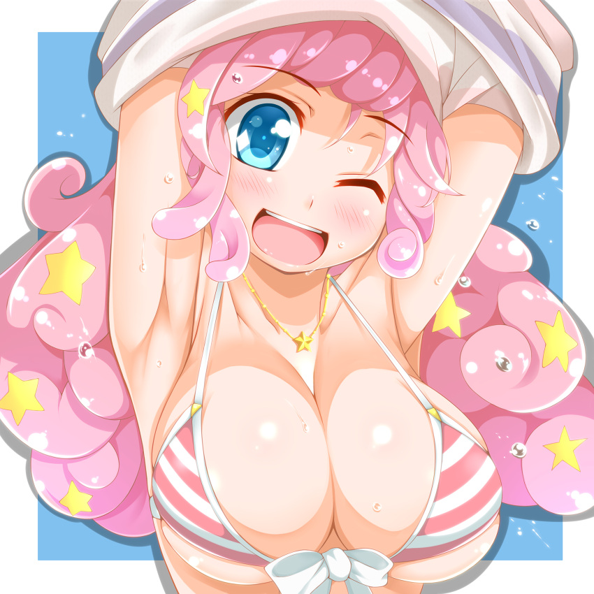 1girl, armpits, arms_up, bikini_top, blush, breasts, cleavage, commentary_request