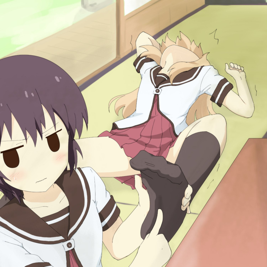 /\/\/\, 2girls, black_hair, black_legwear, blonde_hair, bow, collarbone, flat_gaze