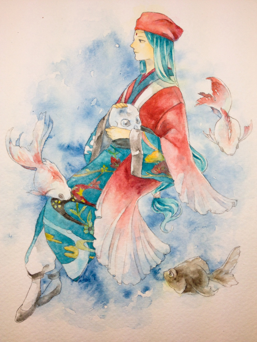 1girl, absurdres, blue_hair, fish, haru_(pisces0619), headwear, highres, japanese_clothes, koi, murasaki_(game), rururu_(murasaki), skull, solo, traditional_media