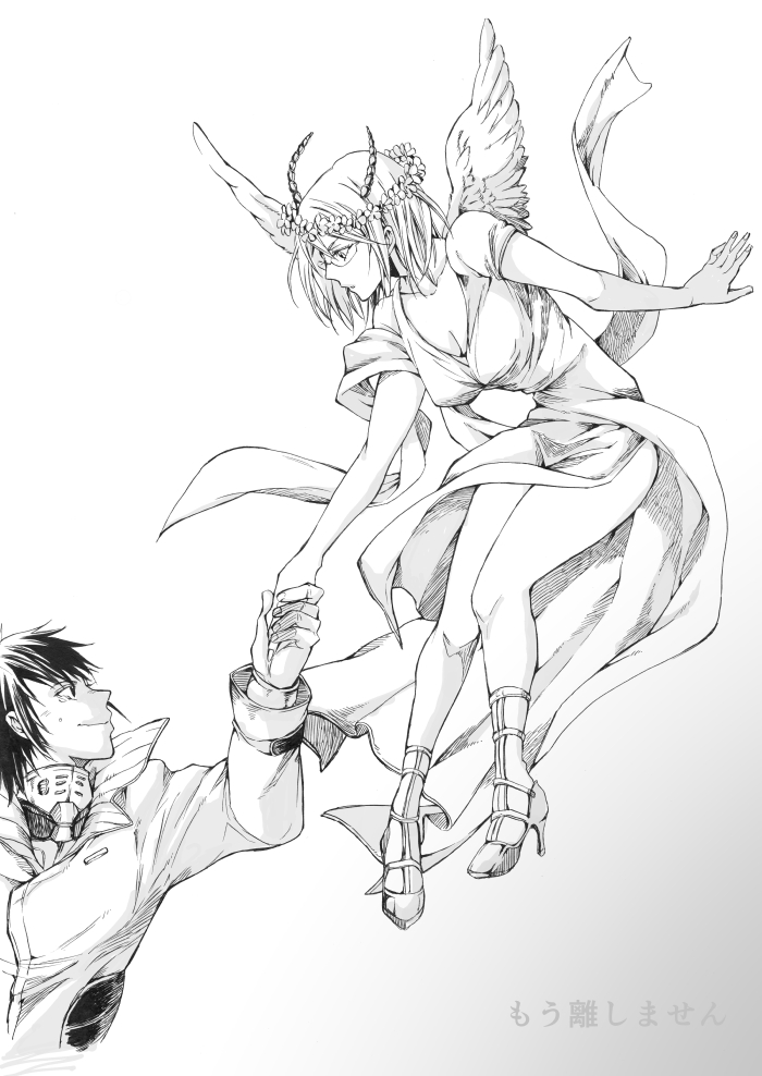 1boy, 1girl, antennae, dress, floating, hizamaru_akari, holding_hands, maki_(motimaki)
