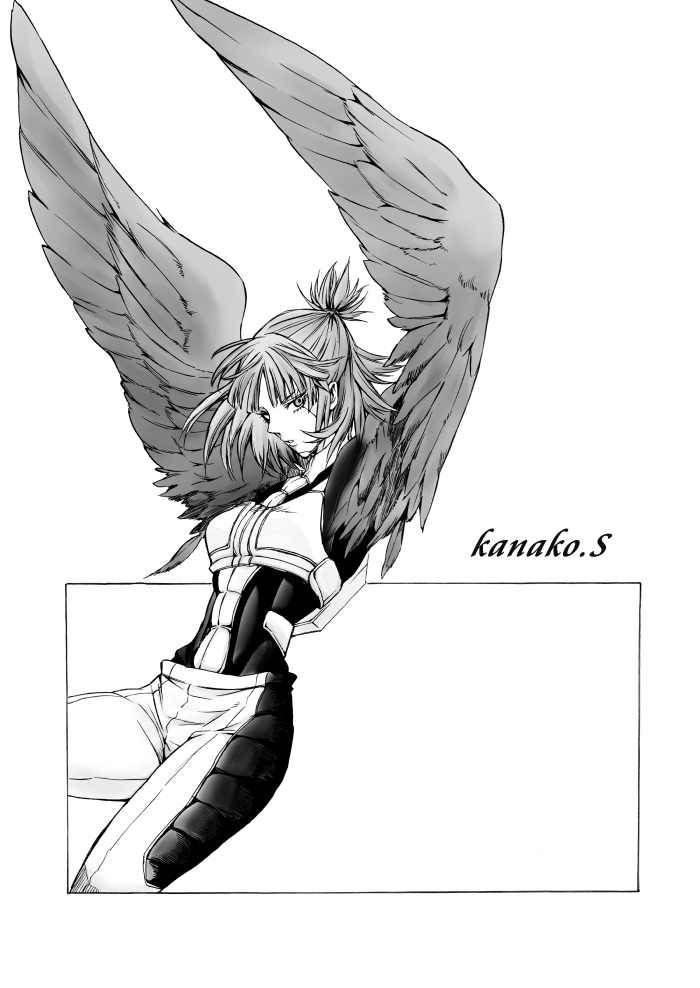 1girl, character_name, feathers, long_hair, maki_(motimaki), monochrome, sanjou_kanako, solo