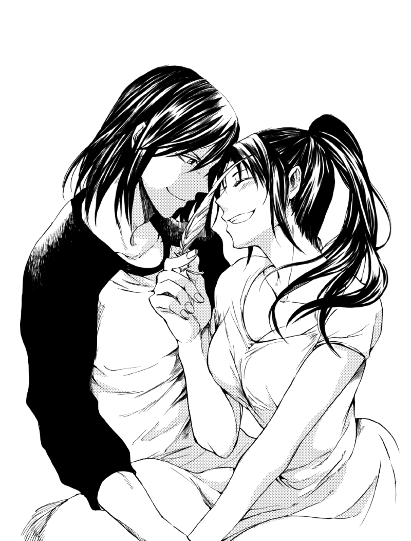 1boy, 1girl, alex_kandley_stewart, black_hair, closed_eyes, feathers, grin, long_hair