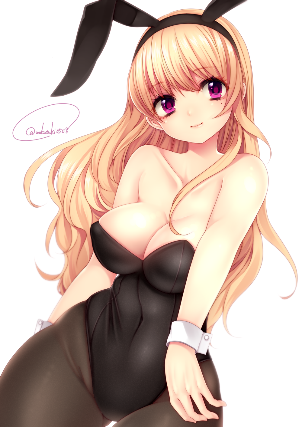 1girl, ah, animal_ears, bangs, bare_shoulders, blonde_hair, breasts, bunnysuit, cleavage, closed_mouth, covered_navel, fake_animal_ears, hairband, highres, large_breasts, leotard, long_hair, looking_to_the_side, mole, mole_under_eye, original, pantyhose, rabbit_ears, simple_background, sleeveless, smile, solo, text, thigh_gap, twitter_username, very_long_hair, violet_eyes, wakatsuki_you, white_background, wrist_cuffs