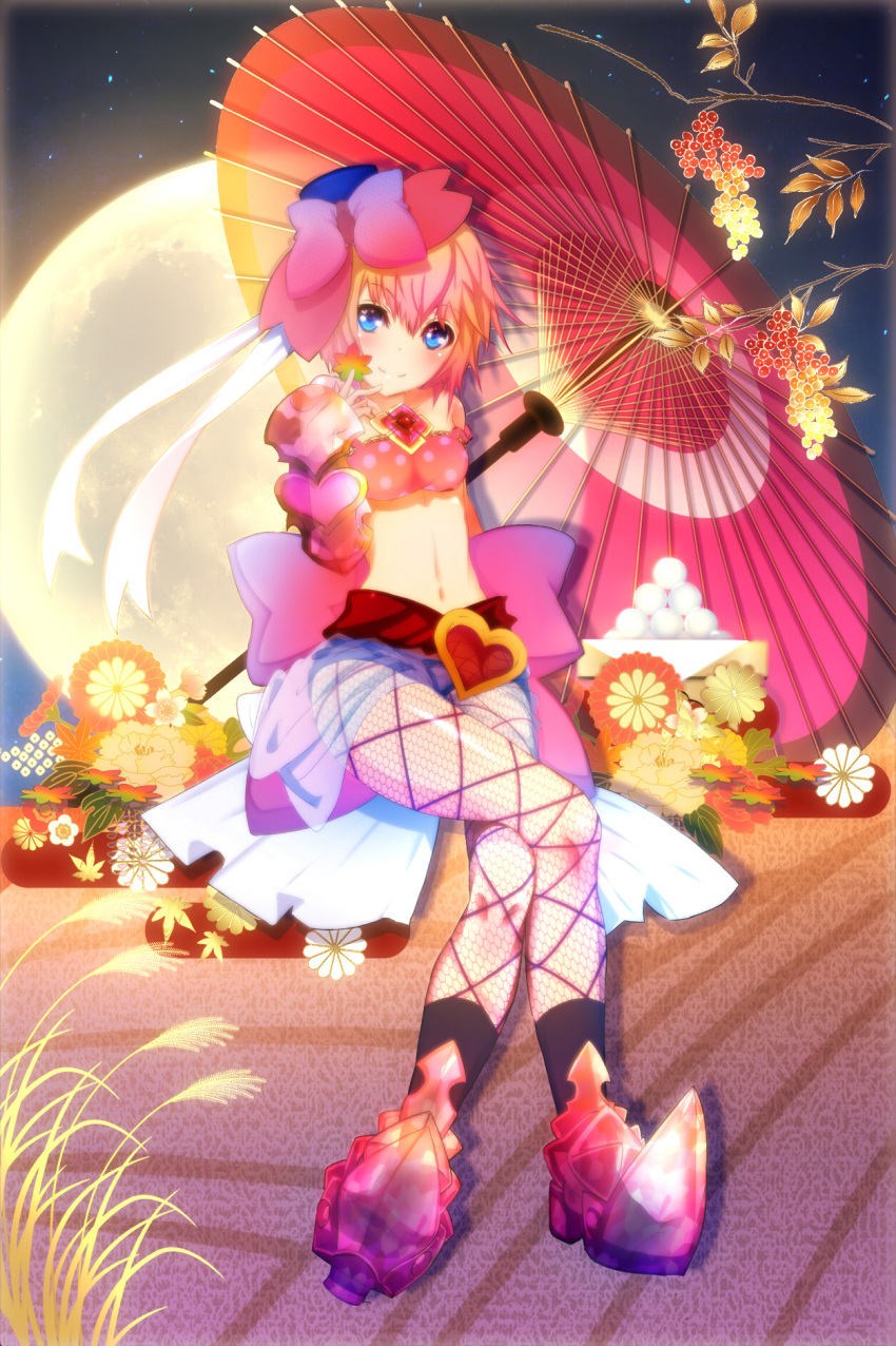 1girl, armored_boots, blue_eyes, bow, commentary_request, crossed_legs, dango, fishnet_pantyhose