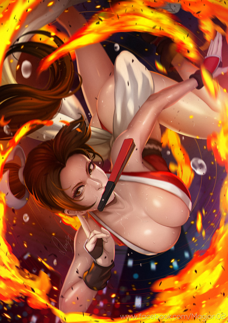 1girl, ass, breasts, brown_eyes, brown_hair, dripping, fan, fatal_fury