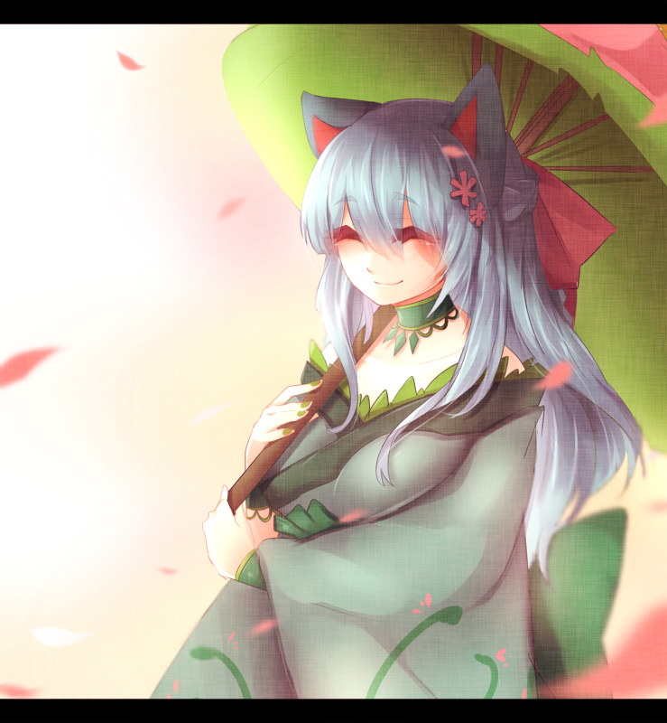 1girl, ^_^, animal_ears, blue_hair, choker, closed_eyes, dress, flower