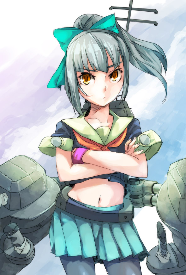 1girl, black_legwear, bow, brown_eyes, cannon, crossed_arms, grey_hair, hair_bow, hair_ribbon, kantai_collection, long_hair, machinery, midriff, navel, ojisan_bosatsu, pantyhose, ponytail, ribbon, school_uniform, serafuku, short_hair, solo, turret, yuubari_(kantai_collection)
