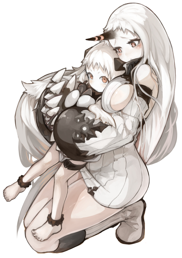 2girls, airplane, anklet, barefoot, boots, breasts, claws, detached_sleeves