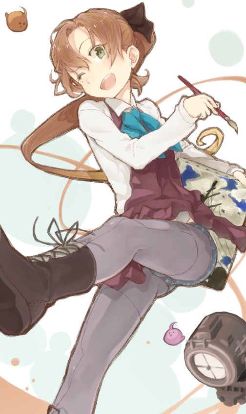 1girl, akigumo_(kantai_collection), blue_bowtie, boots, bow, bowtie, brown_hair, canvas_(object)