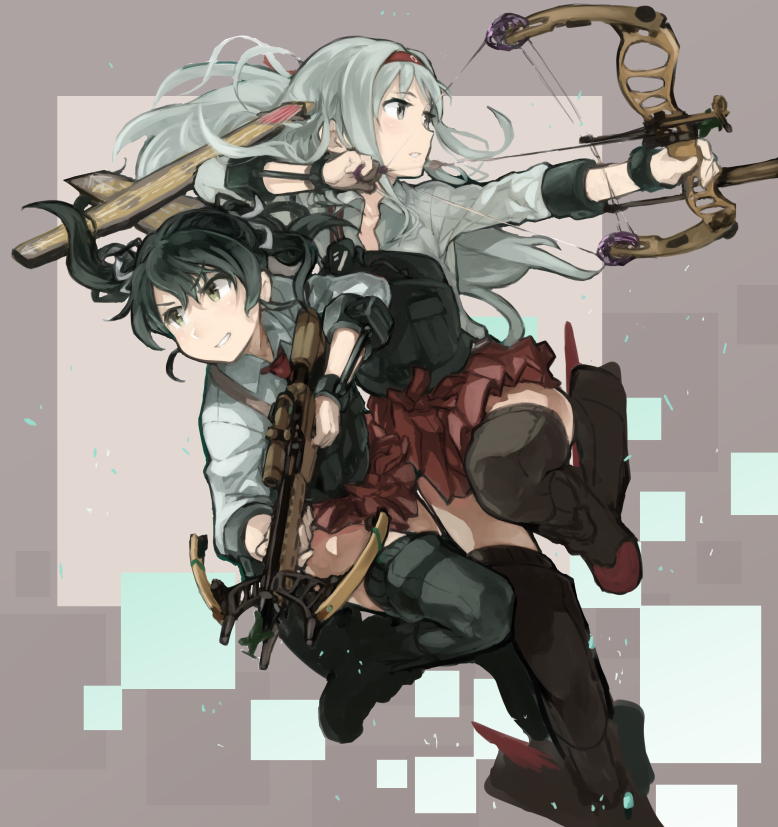 2girls, black_boots, boots, bow_(weapon), bracer, compound_bow, crossbow, flight_deck