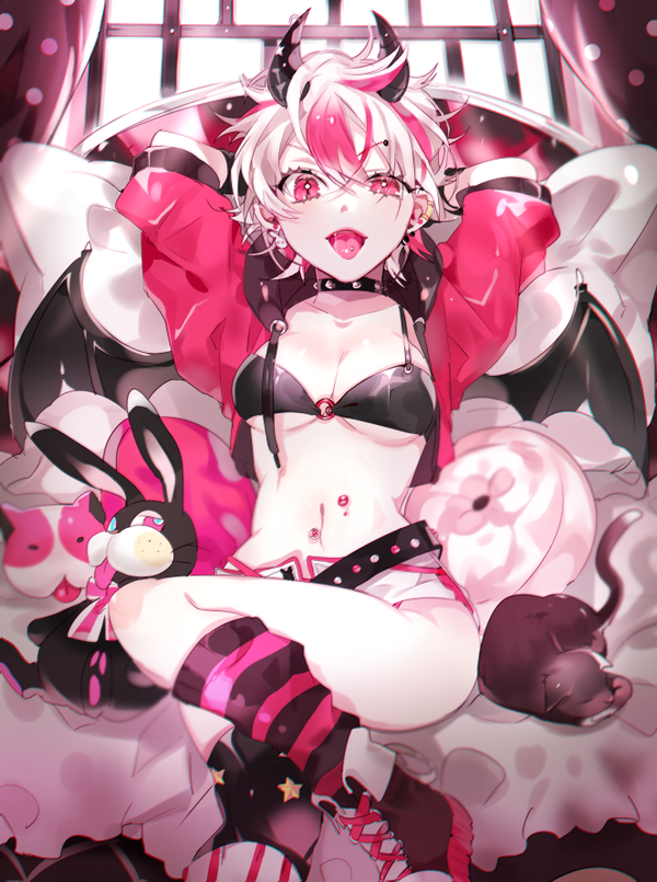 1girl, :p, arms_up, asymmetrical_legwear, bangs, bat_wings, bed, belt