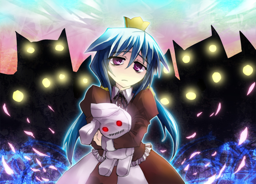 bad_id, blue_hair, crown, dress, iwaki, princess_(7th_dragon), purple_eyes, stuffed_animal, stuffed_toy, twintails, violet_eyes