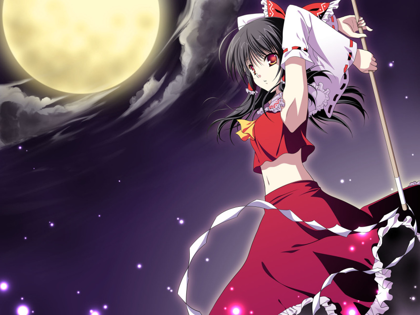 armpits, arms_up, black_hair, bow, detached_sleeves, gohei, hair_bow, hakurei_reimu
